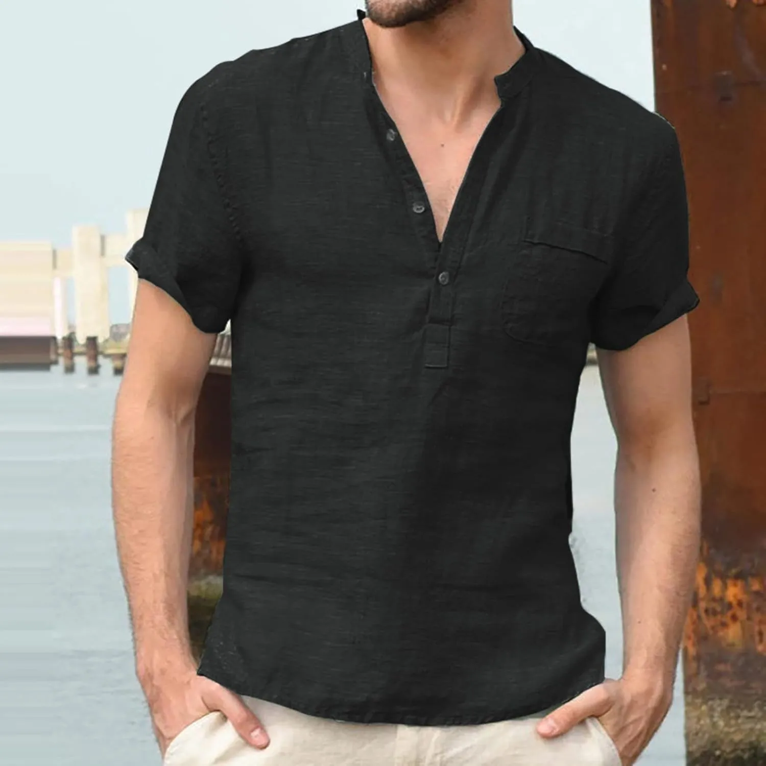 Men's Cotton Linen Tee Casual Short Sleeve V Neck Henley Shirt Quick Dry Breathable Wrinkle Summer Beach Hippie Shirts