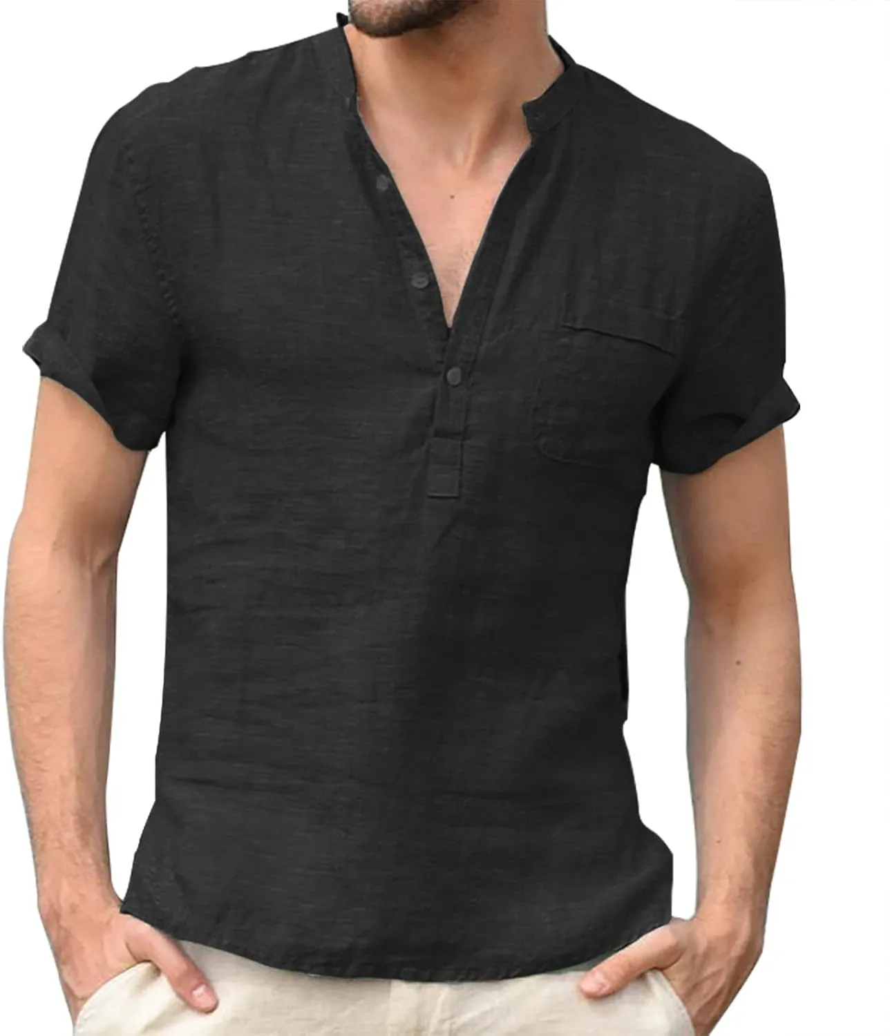 Men's Cotton Linen Tee Casual Short Sleeve V Neck Henley Shirt Quick Dry Breathable Wrinkle Summer Beach Hippie Shirts