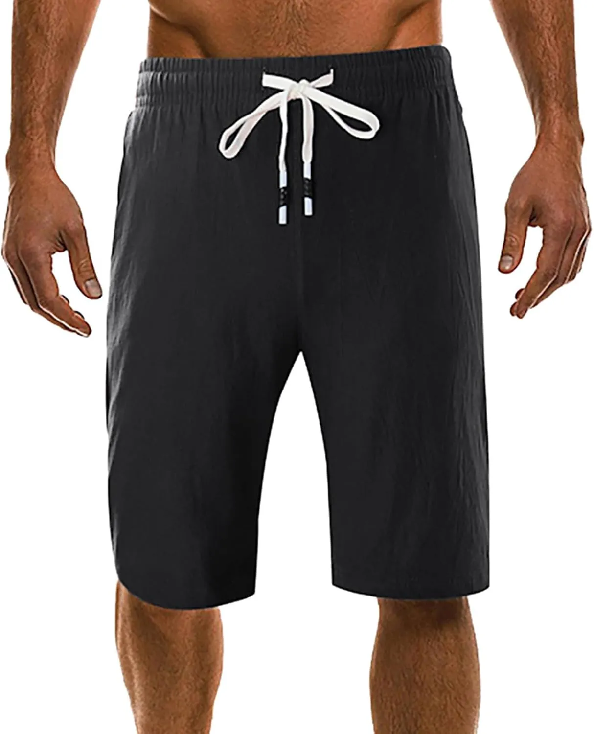 Men's Linen Shorts 11 Inch Inseam Flat Front Elastic Waist Shorts Casual Drawstring Casual Athletic Lounge Wide Leg Shorts