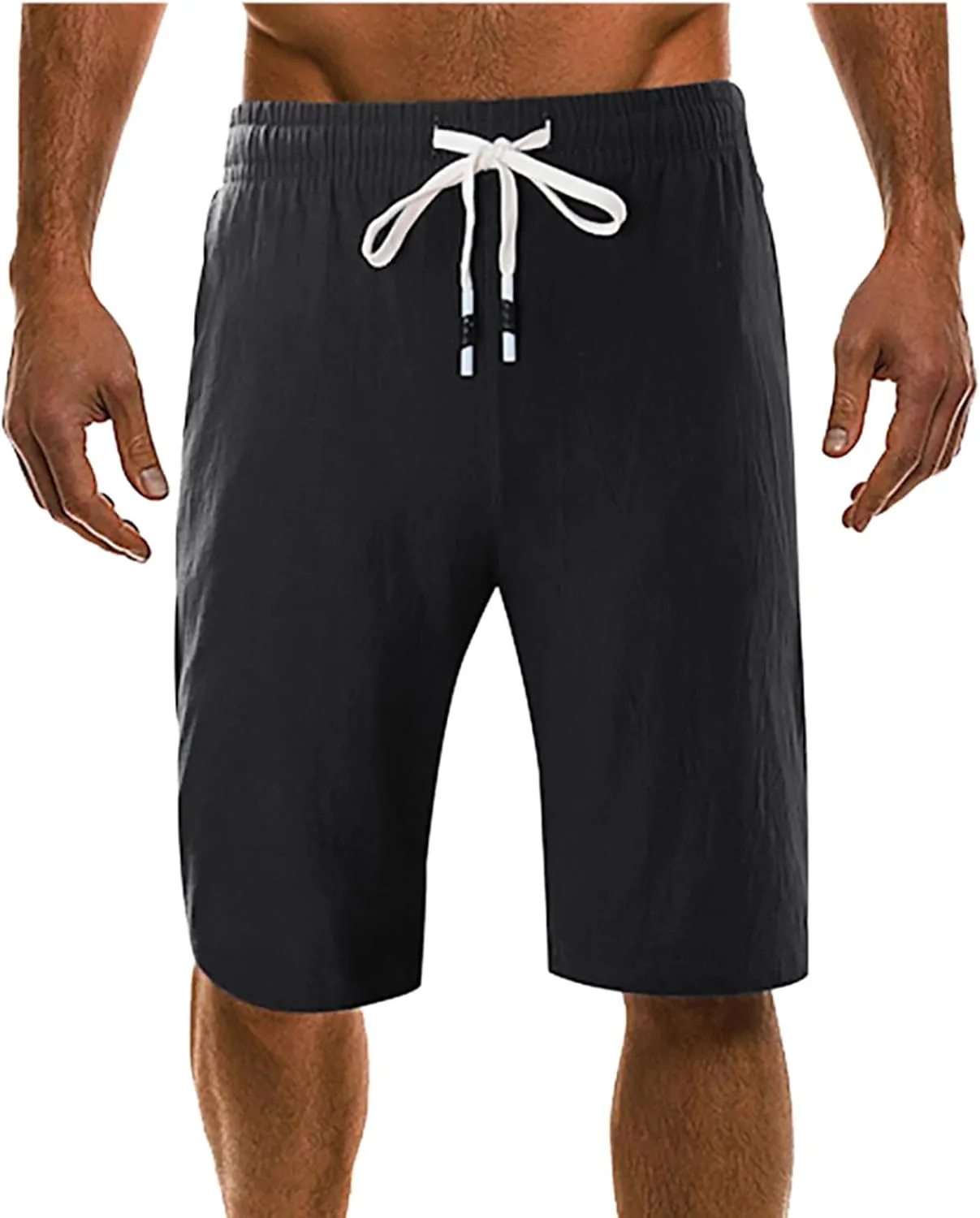 Men's Linen Shorts 11 Inch Inseam Flat Front Elastic Waist Shorts Casual Drawstring Casual Athletic Lounge Wide Leg Shorts