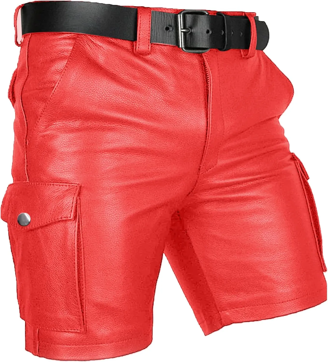 Men's Real Leather Belted Cargo Shorts Club Wear Shorts Casual Shorts with Pockets