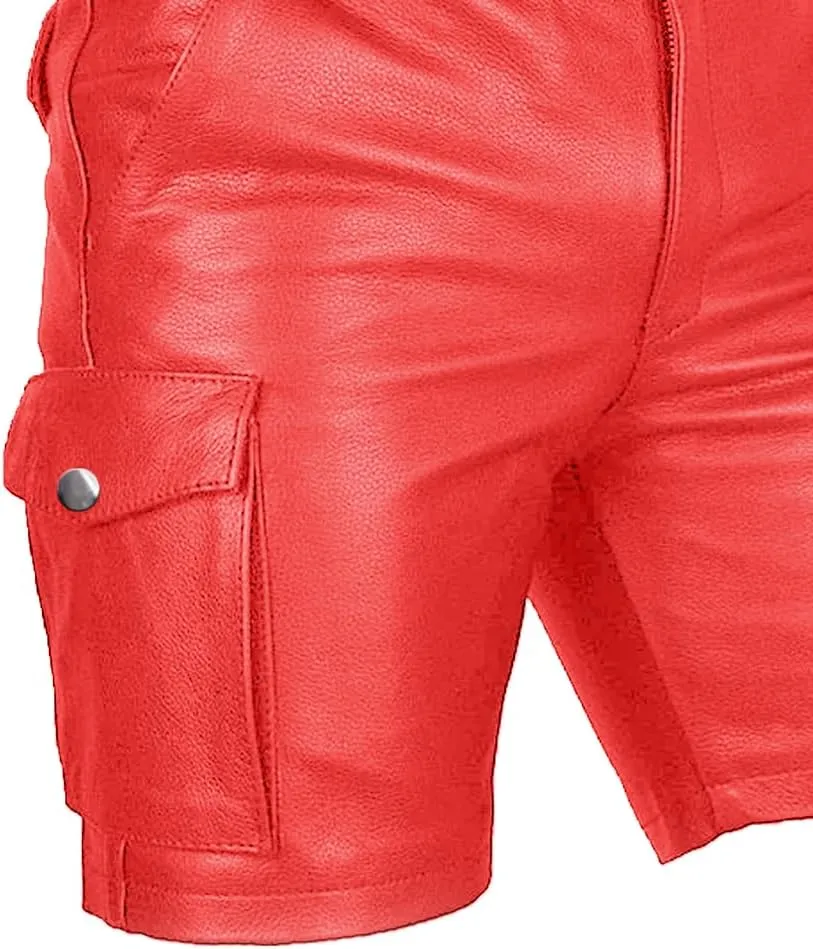 Men's Real Leather Belted Cargo Shorts Club Wear Shorts Casual Shorts with Pockets