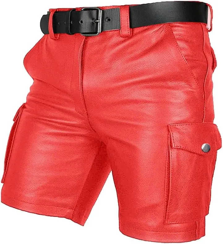 Men's Real Leather Belted Cargo Shorts Club Wear Shorts Casual Shorts with Pockets