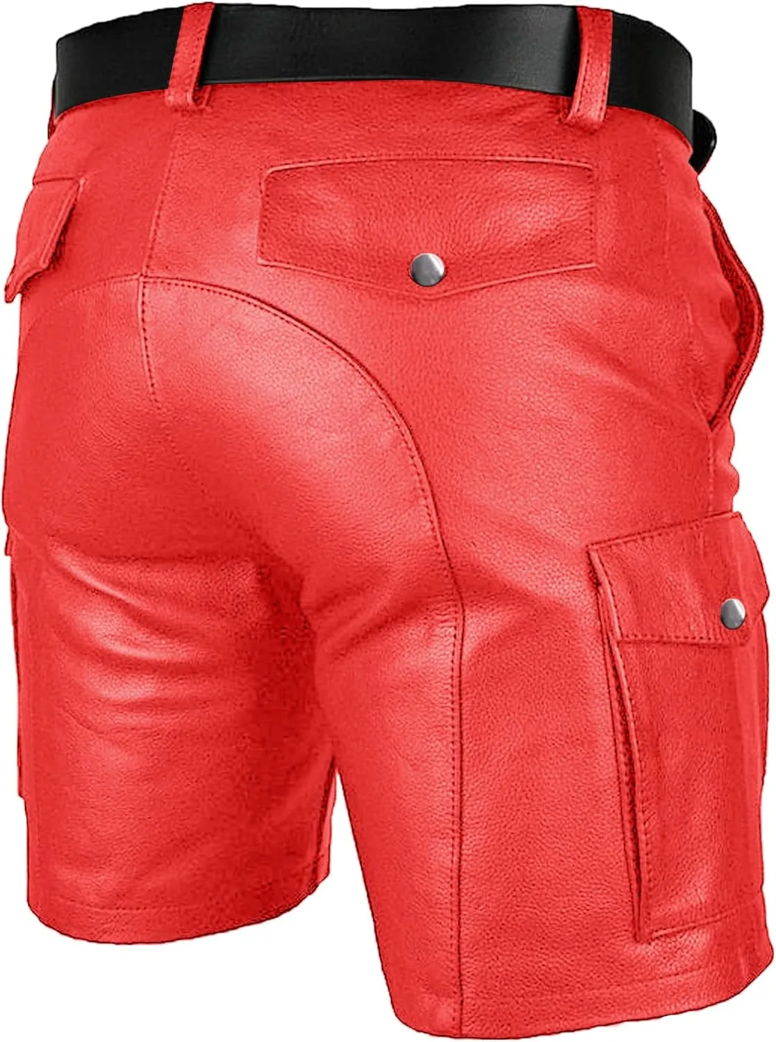 Men's Real Leather Belted Cargo Shorts Club Wear Shorts Casual Shorts with Pockets