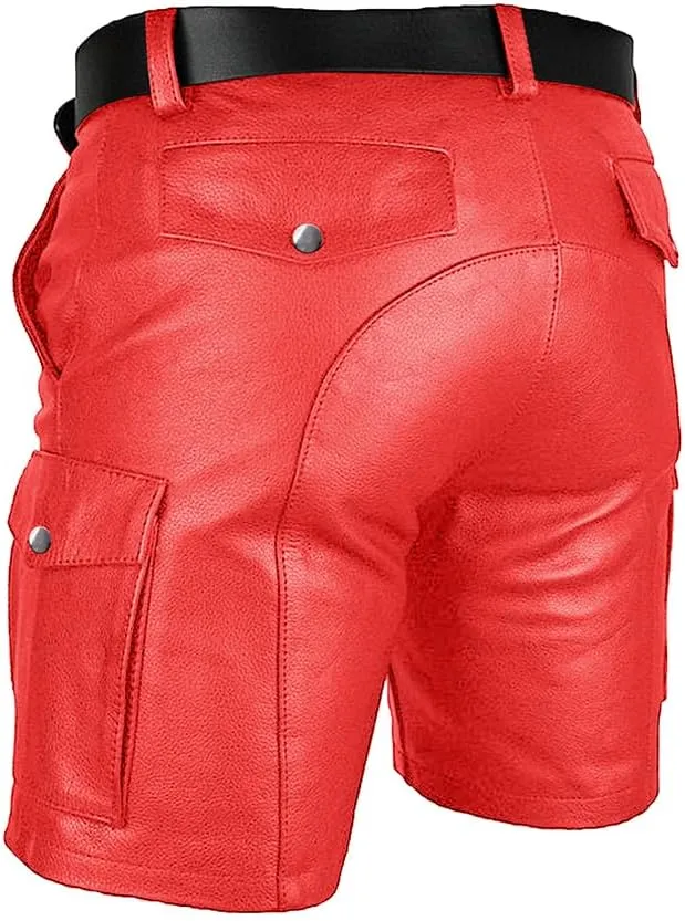 Men's Real Leather Belted Cargo Shorts Club Wear Shorts Casual Shorts with Pockets