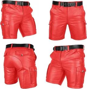 Men's Real Leather Belted Cargo Shorts Club Wear Shorts Casual Shorts with Pockets