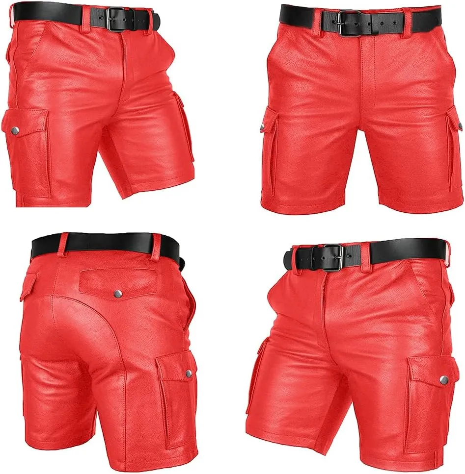 Men's Real Leather Belted Cargo Shorts Club Wear Shorts Casual Shorts with Pockets