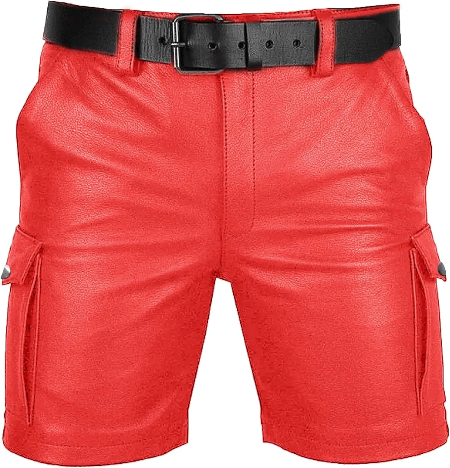 Men's Real Leather Belted Cargo Shorts Club Wear Shorts Casual Shorts with Pockets