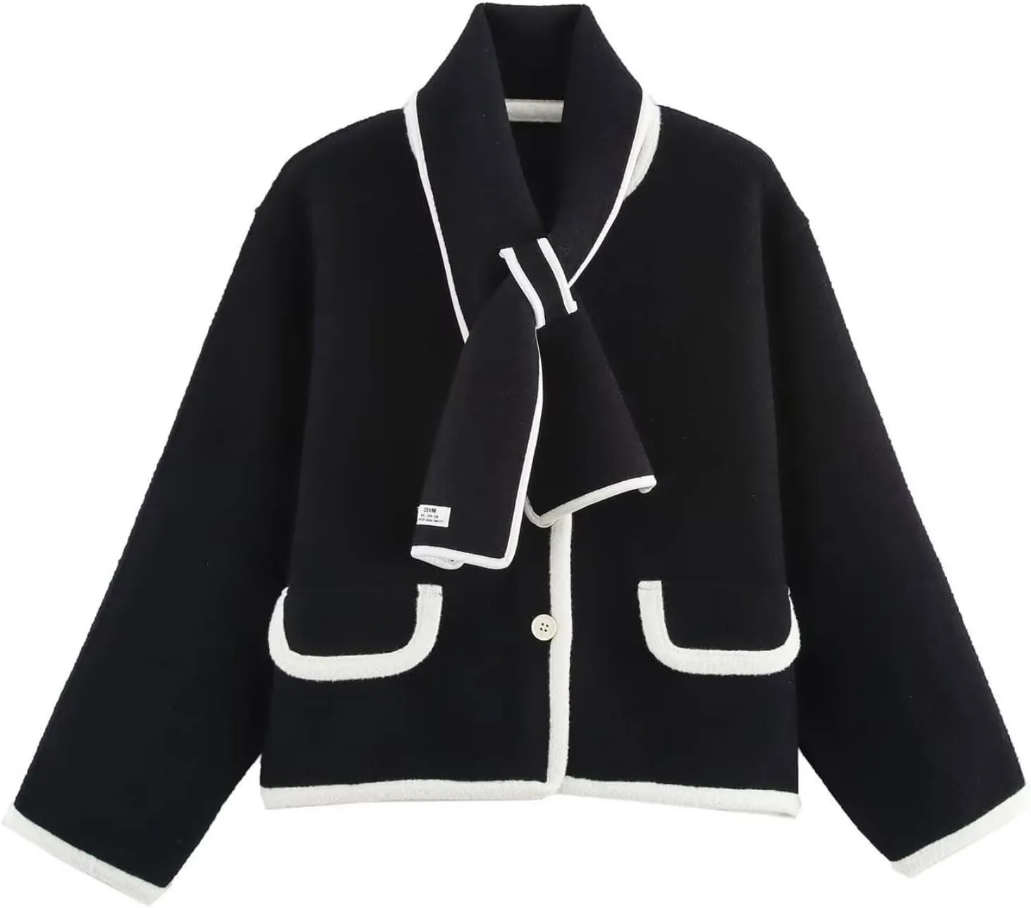 Perbai Womens Scarf Jacket Cropped Wool Blend Jacket Button Down Long Sleeve Color Block Winter Coats