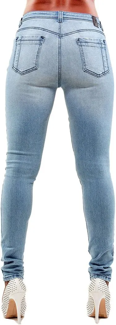 Poetic Justice Women's Curvy Fit Light Blue Stretch Denim Destroyed Skinny Jeans