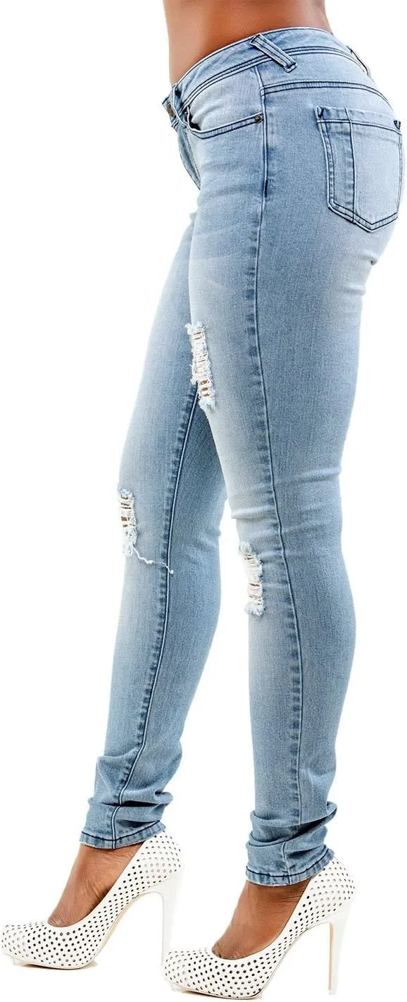 Poetic Justice Women's Curvy Fit Light Blue Stretch Denim Destroyed Skinny Jeans