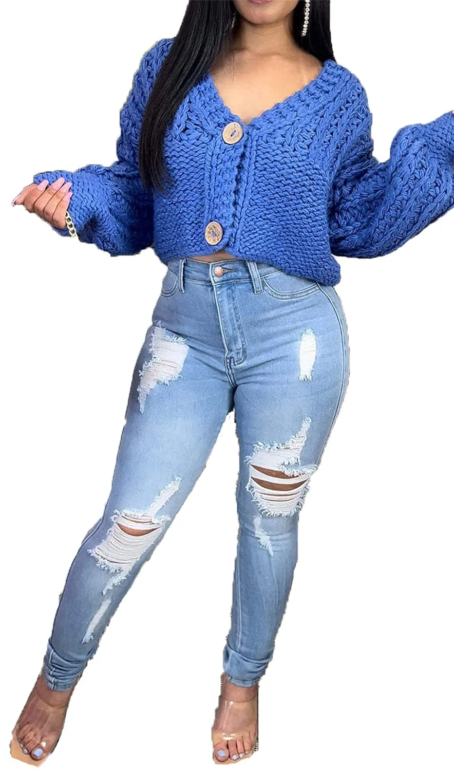 Ripped Jeans for Women High Waisted Stretch Skinny Denim Leggings Pants Distressed Destroyed Jeans (Small,Light Blue)