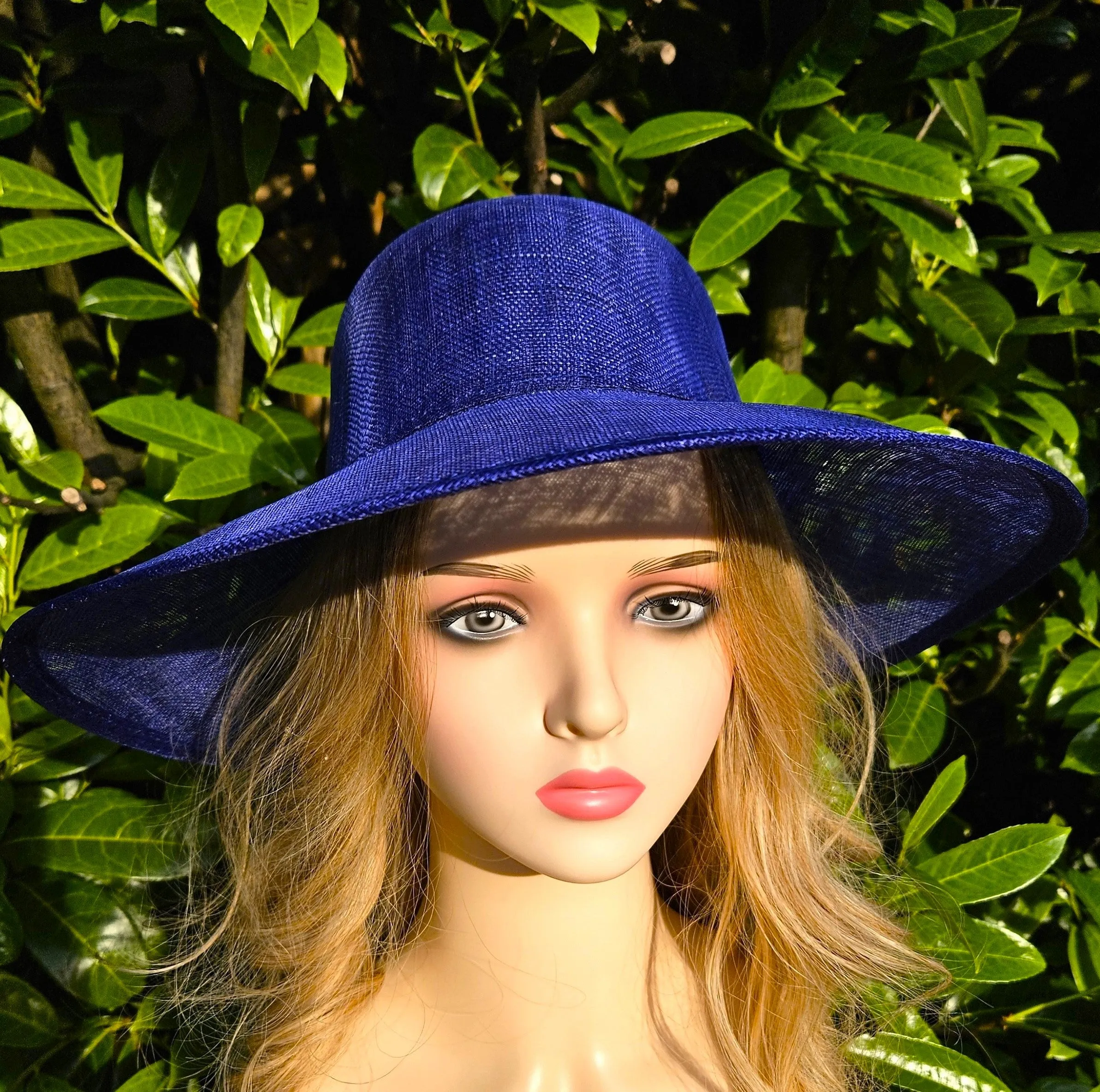 Royal Blue Ascot Hat with Wide Brim - Large Wedding Hats - Ladies Racing Hats - Plain Church Hats for Women