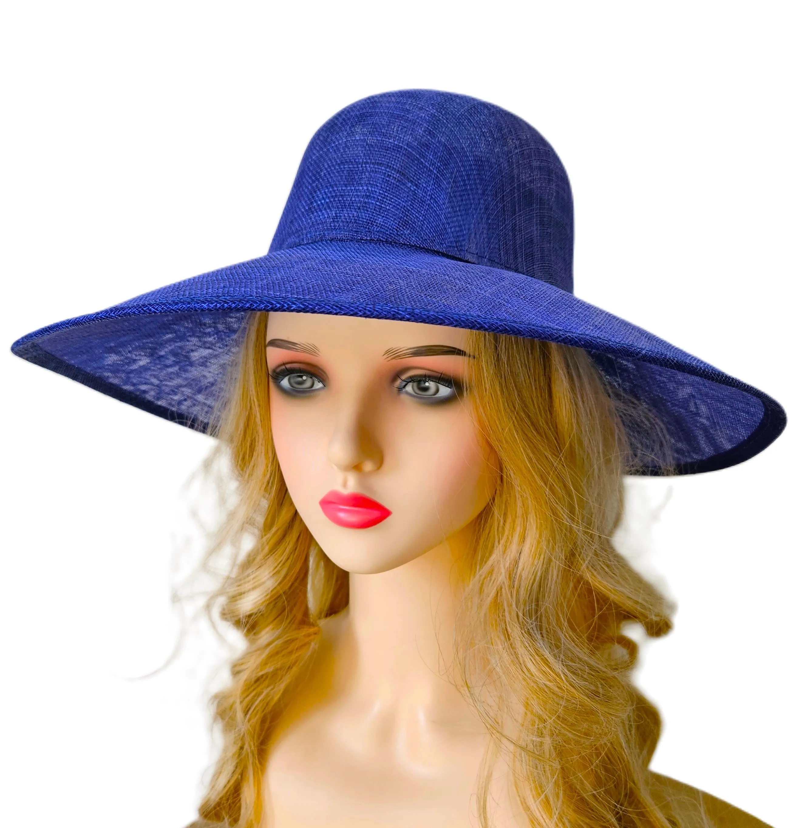 Royal Blue Ascot Hat with Wide Brim - Large Wedding Hats - Ladies Racing Hats - Plain Church Hats for Women