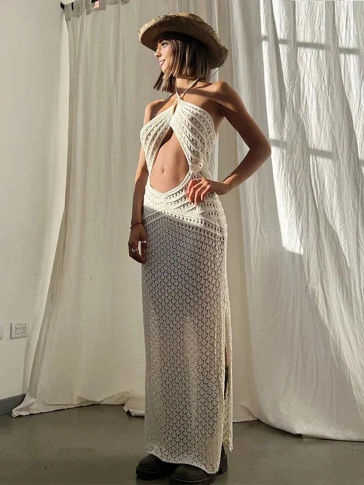 Sexy Knit White Low-cut Halter Neck Cut Beach CoverUp