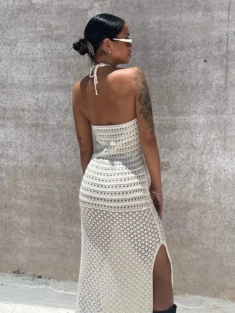 Sexy Knit White Low-cut Halter Neck Cut Beach CoverUp