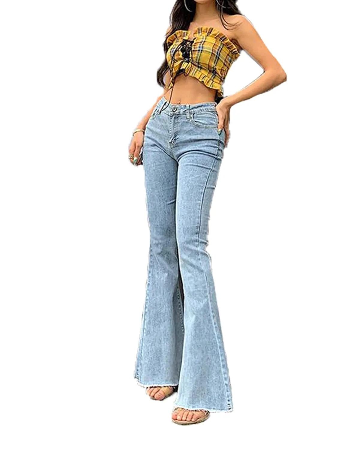Skinny Bell Bottom Jeans for Women High Waisted Flare Jeans with Classic Wide Leg Denim Pants (Large,Light Blue)
