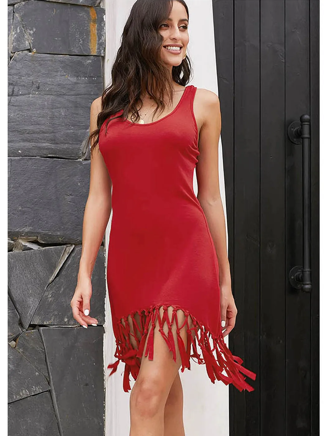 Summer Sleeveless Tank Dress Casual Tassel Solid Color Swing T-Shirt Dresses Beach Cover Up