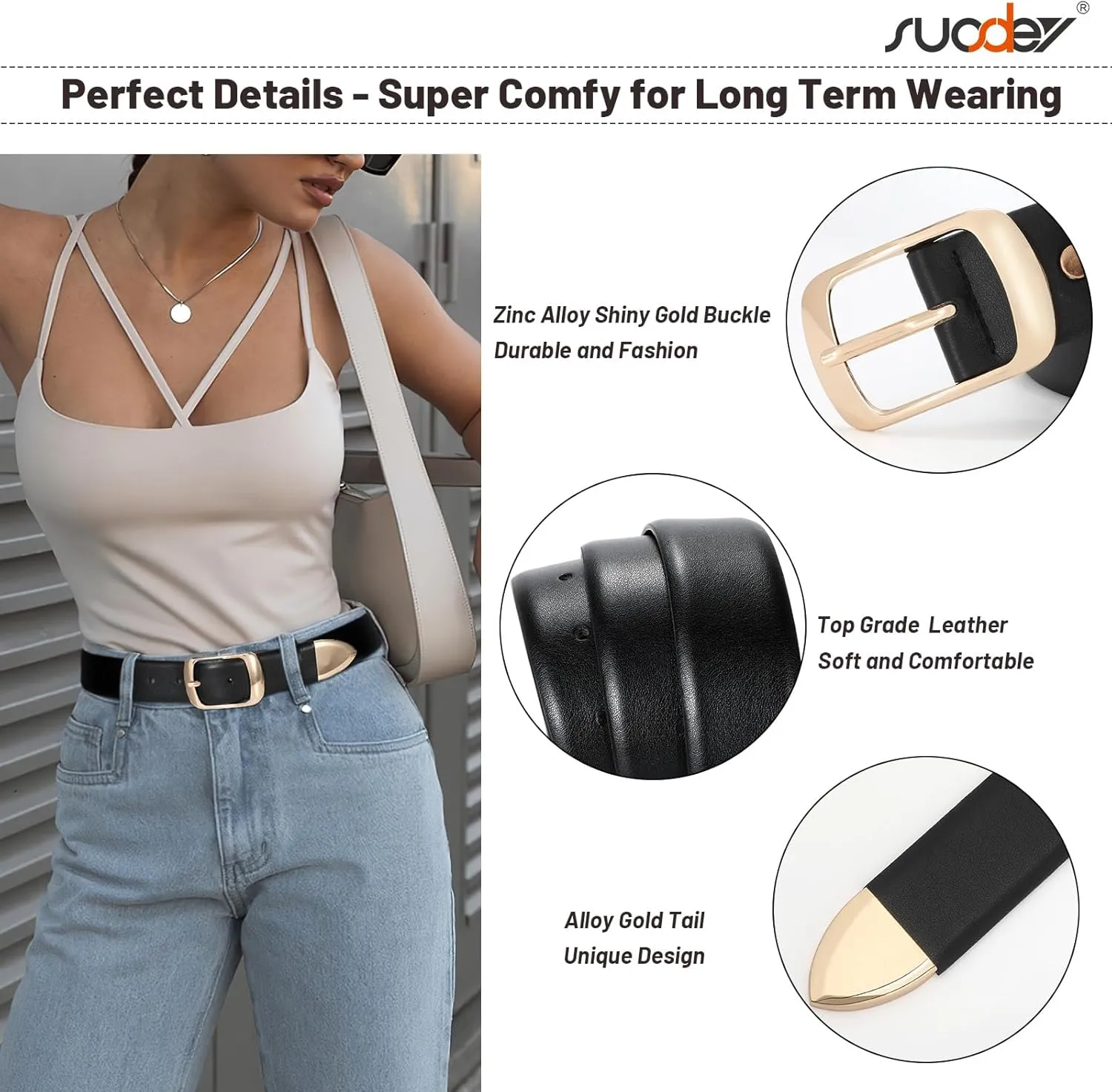 SUOSDEY Fashion Womens Leather Belt, Soft Leather Waist Belt with Gold Pin Buckle for Jeans Pants,width 1.3"