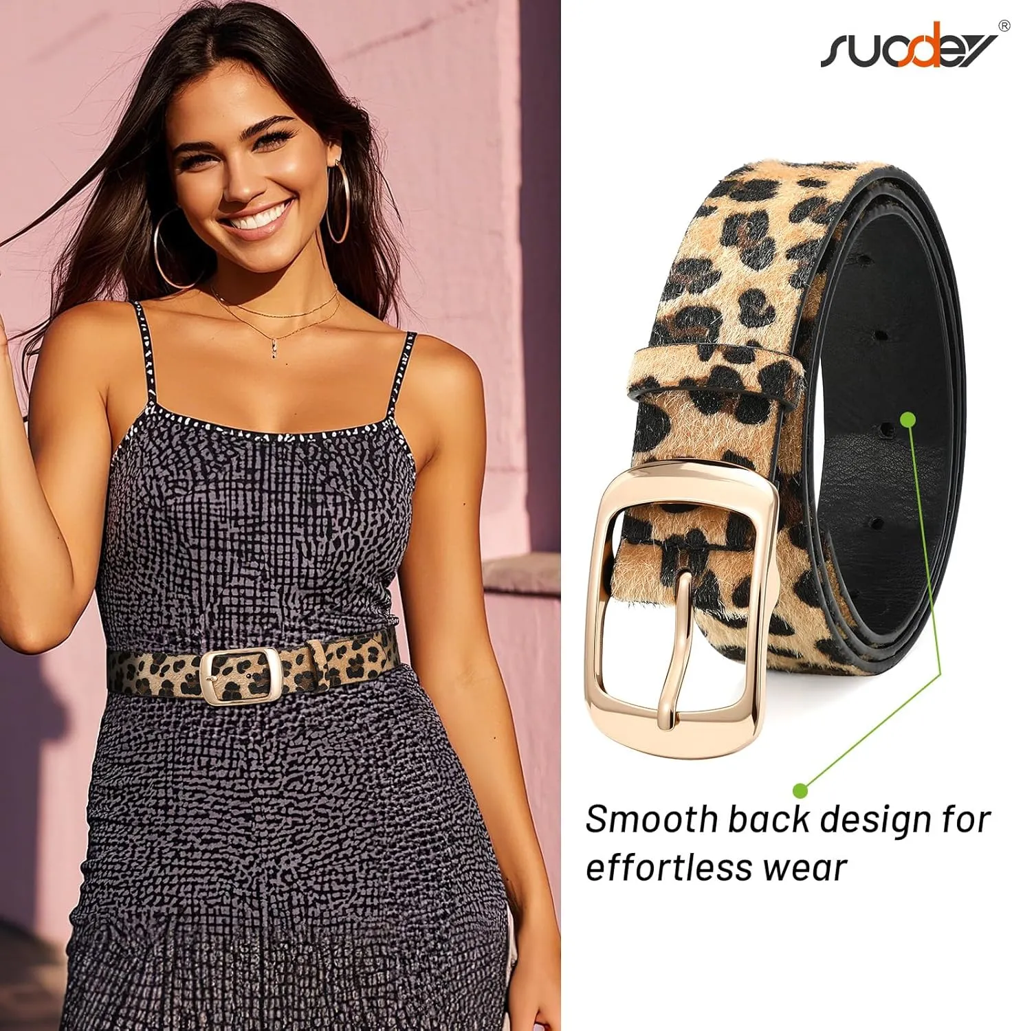 SUOSDEY Fashion Womens Leather Belt, Soft Leather Waist Belt with Gold Pin Buckle for Jeans Pants,width 1.3"