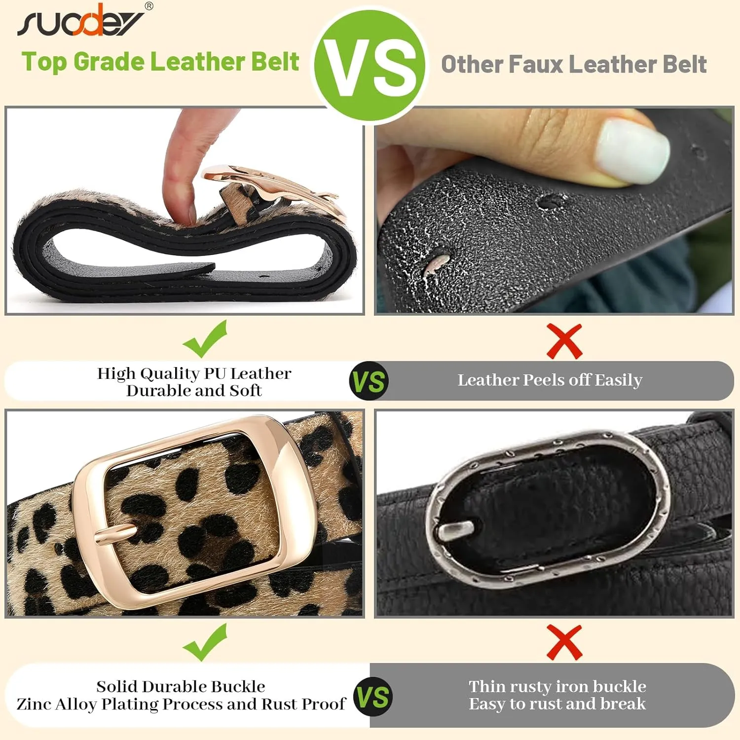 SUOSDEY Fashion Womens Leather Belt, Soft Leather Waist Belt with Gold Pin Buckle for Jeans Pants,width 1.3"