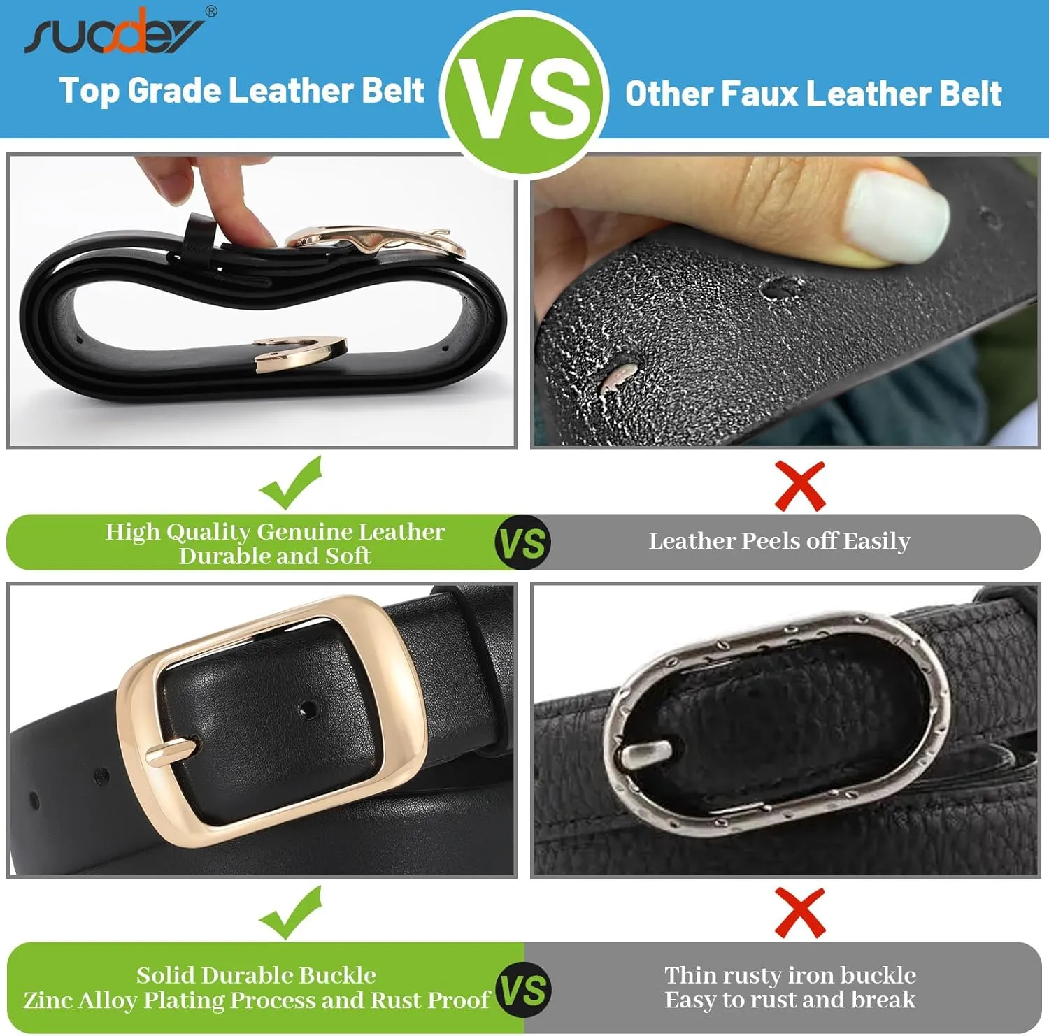 SUOSDEY Fashion Womens Leather Belt, Soft Leather Waist Belt with Gold Pin Buckle for Jeans Pants,width 1.3"