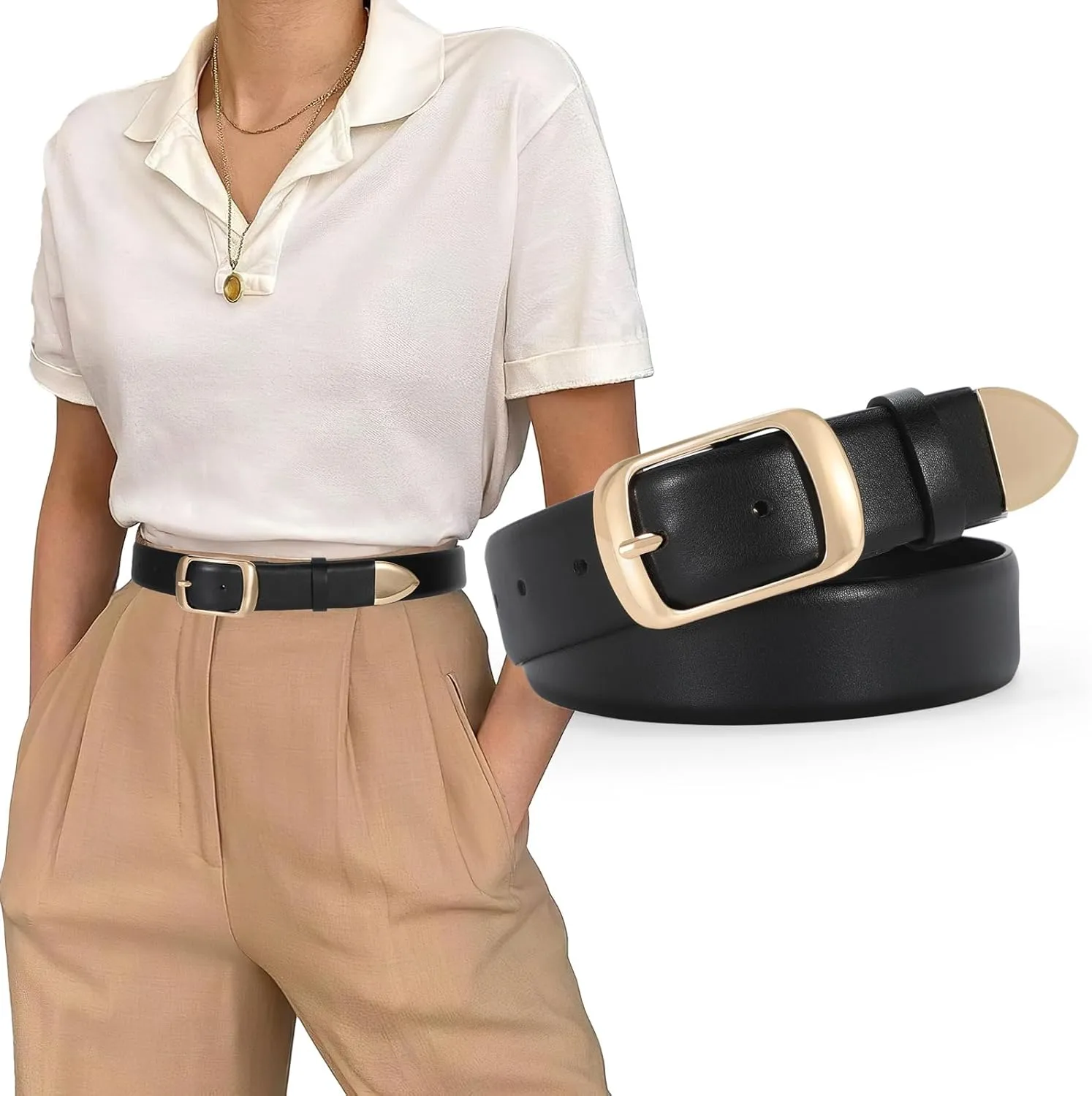 SUOSDEY Fashion Womens Leather Belt, Soft Leather Waist Belt with Gold Pin Buckle for Jeans Pants,width 1.3"