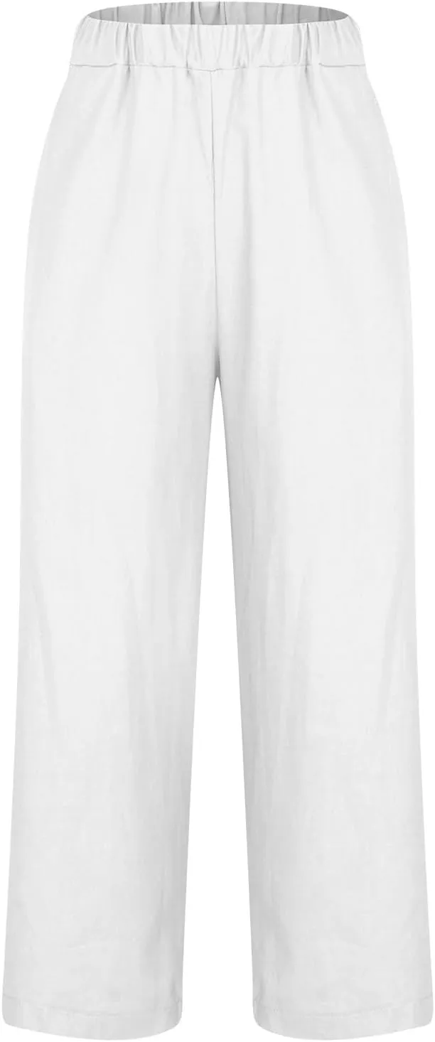 TANGNADE Women Cotton Linen Pants with Pockets Plus Size Summer Casual Lounge Pant Comfy Elastic Waist Straight Trouser