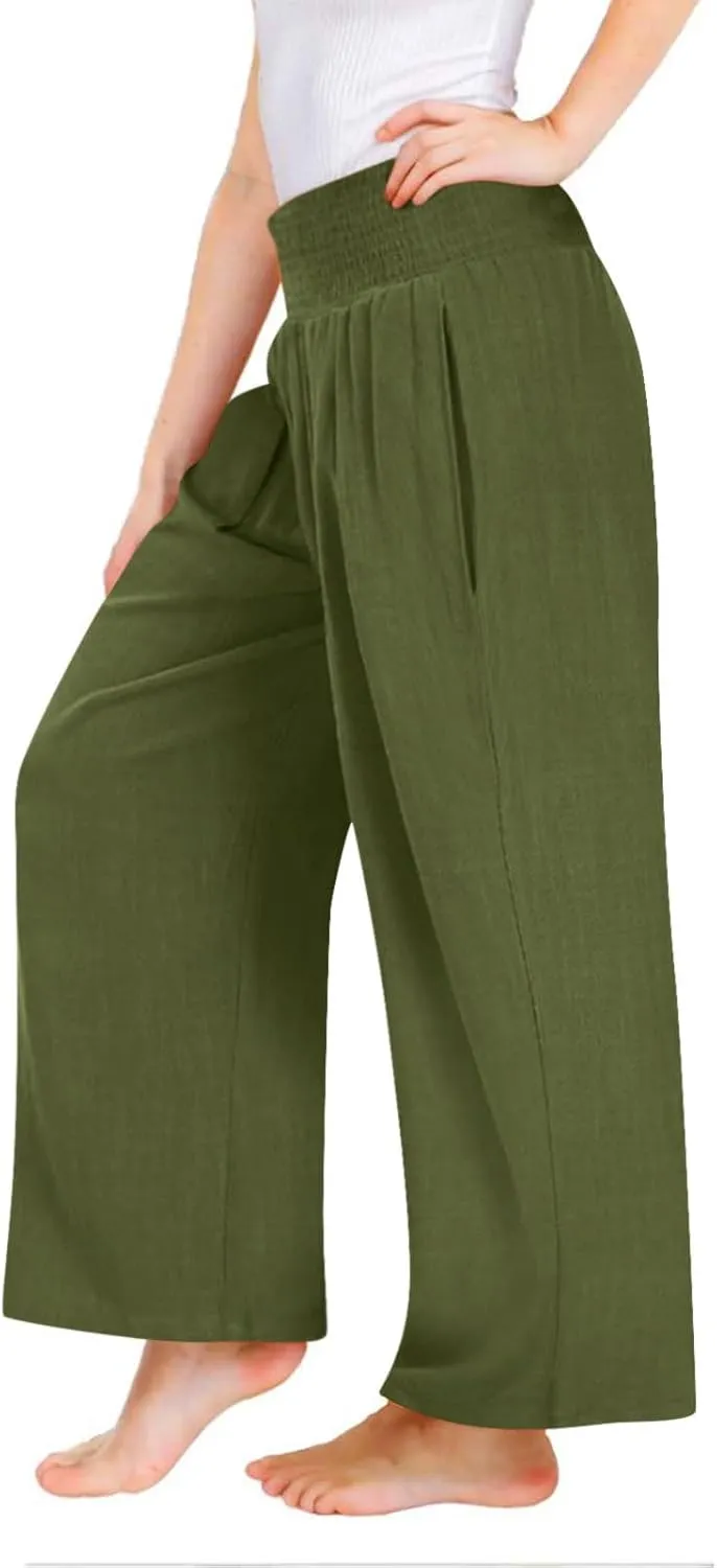 Teen Girls Cotton Linen Palazzo Pants Summer High Waist Casual Lounge Wide Leg Pant 2025 Beach Travel Resort Trousers