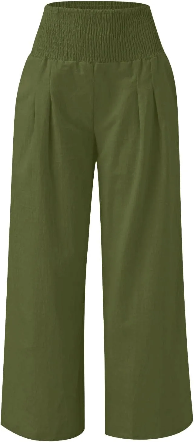 Teen Girls Cotton Linen Palazzo Pants Summer High Waist Casual Lounge Wide Leg Pant 2025 Beach Travel Resort Trousers