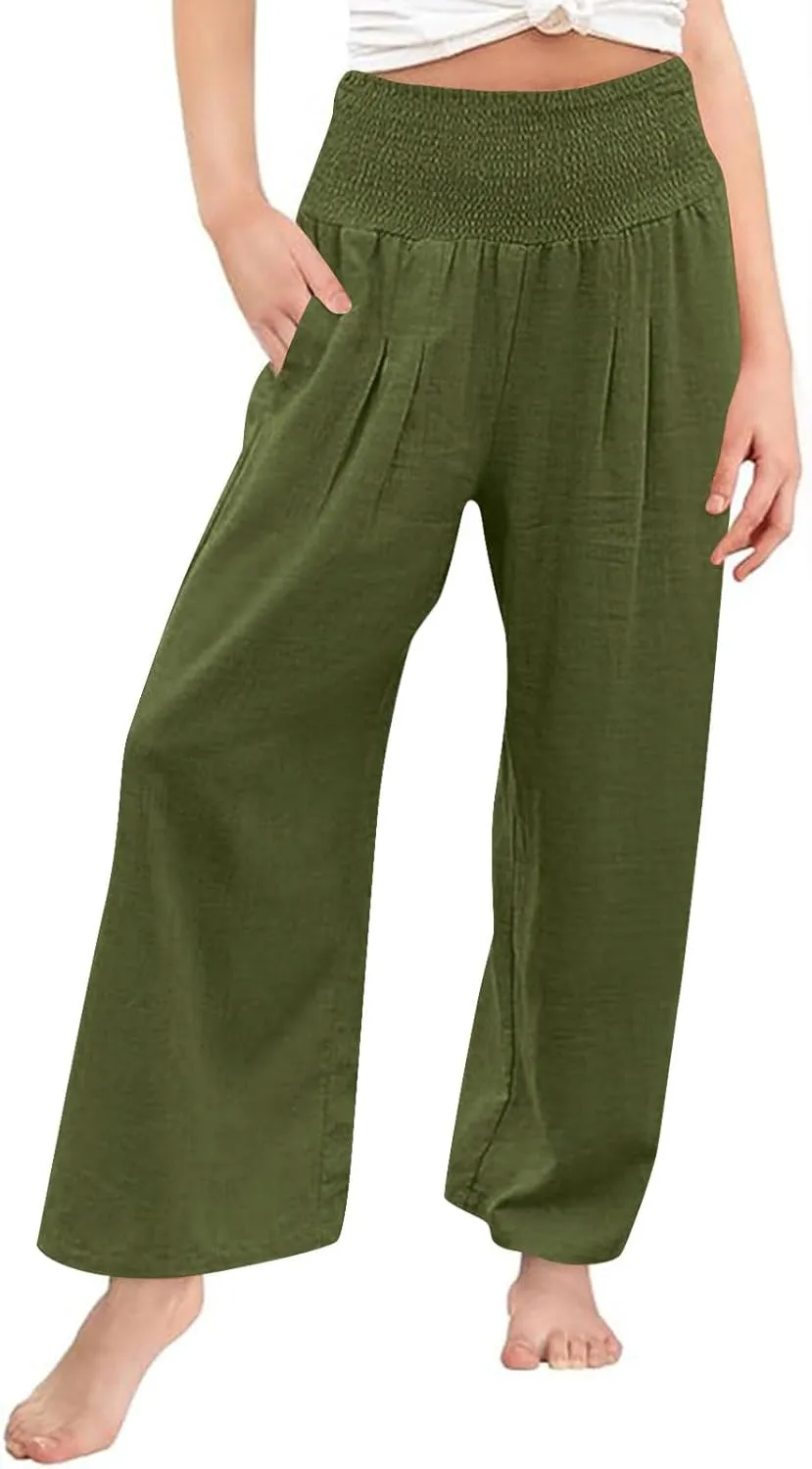 Teen Girls Cotton Linen Palazzo Pants Summer High Waist Casual Lounge Wide Leg Pant 2025 Beach Travel Resort Trousers
