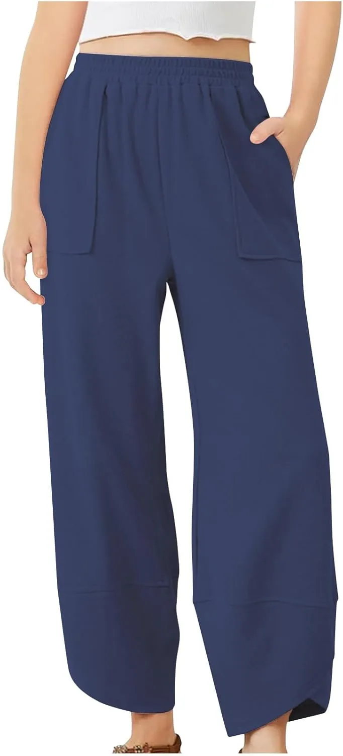 Teen Girls Palazzo Pants 2025 Summer Casual Cotton Linen Trousers Lightweight Elastic Waist Preppy Solid Loose Pant