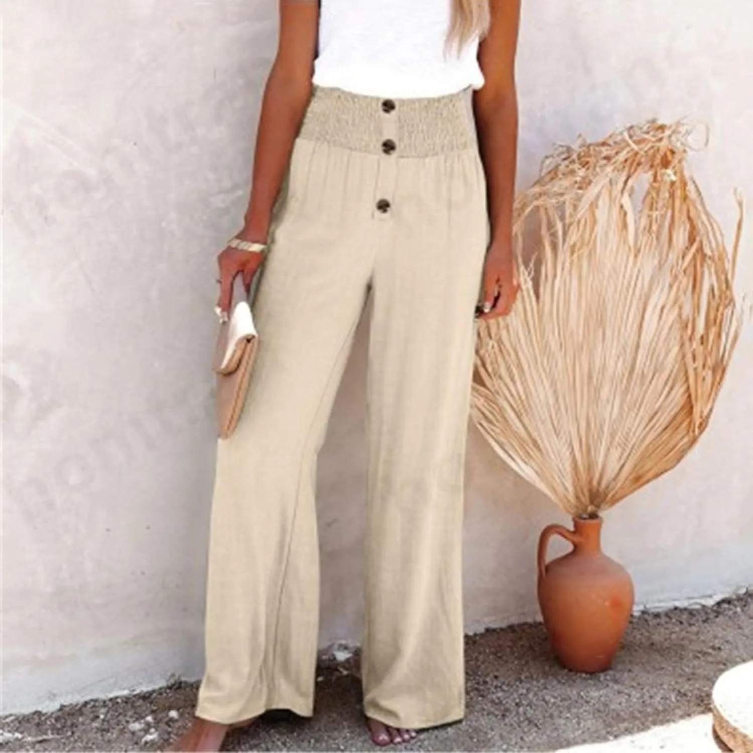 TUNUSKAT Womens Cotton Linen Palazzo Pants Summer Boho Flowy Wide Leg Trousers Lounge Elastic High Waisted Travel Slacks