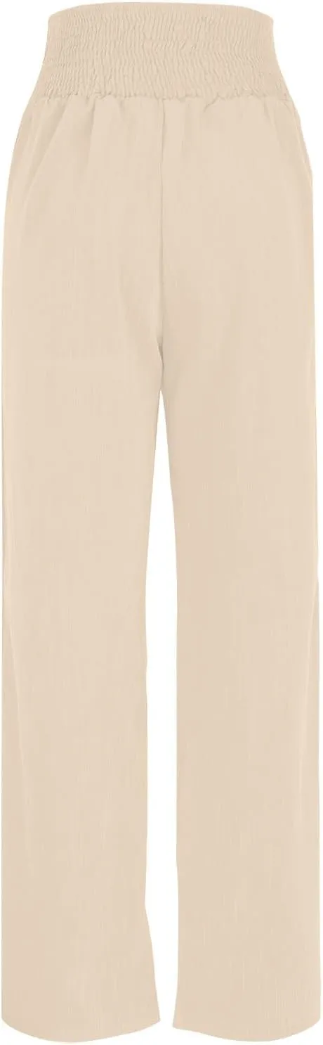 TUNUSKAT Womens Cotton Linen Palazzo Pants Summer Boho Flowy Wide Leg Trousers Lounge Elastic High Waisted Travel Slacks