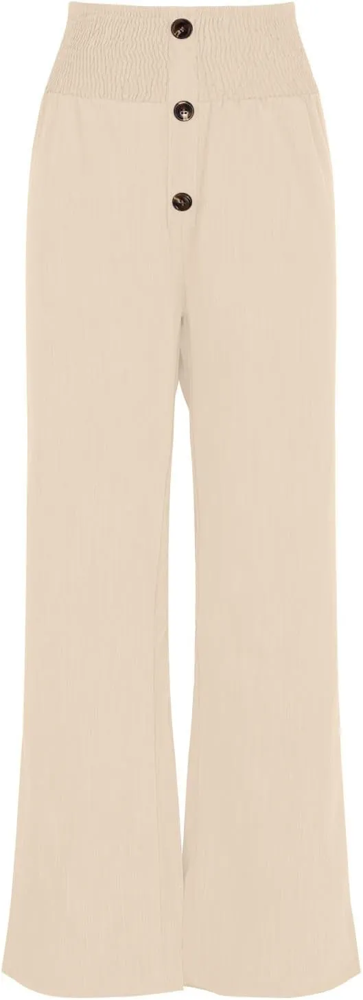 TUNUSKAT Womens Cotton Linen Palazzo Pants Summer Boho Flowy Wide Leg Trousers Lounge Elastic High Waisted Travel Slacks