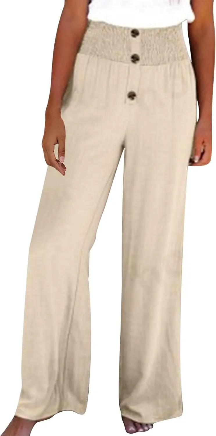 TUNUSKAT Womens Cotton Linen Palazzo Pants Summer Boho Flowy Wide Leg Trousers Lounge Elastic High Waisted Travel Slacks