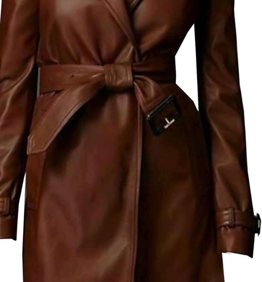 VearFit Women's Brown Leather Trench Coat - Winter Wear Stylish Designer for Every Occasions