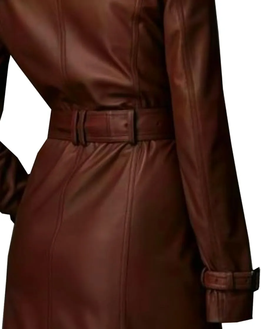 VearFit Women's Brown Leather Trench Coat - Winter Wear Stylish Designer for Every Occasions
