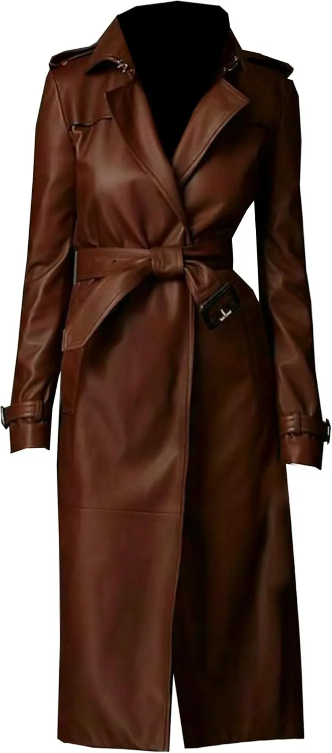 VearFit Women's Brown Leather Trench Coat - Winter Wear Stylish Designer for Every Occasions