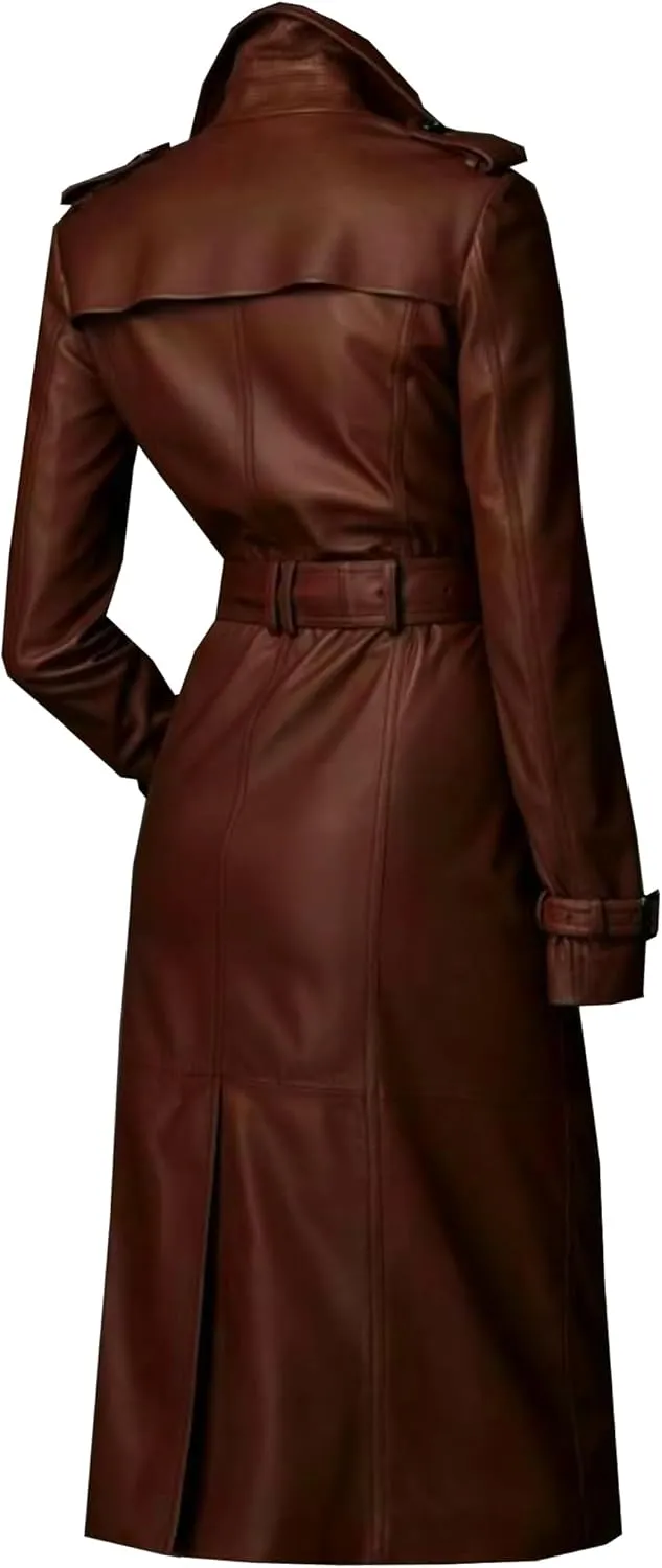 VearFit Women's Brown Leather Trench Coat - Winter Wear Stylish Designer for Every Occasions