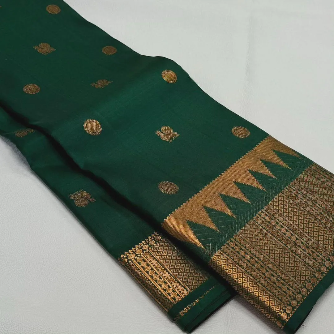 Vibrant Dark Green Soft Silk Saree With Dulcet Blouse Piece