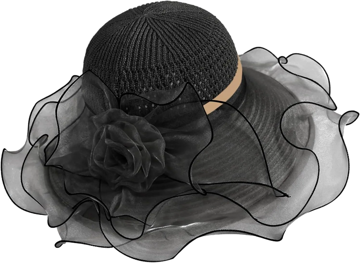 Woman Organza Derby Sun Hat Wide Brim Elegant Summer UPF50  UV Protection Beach Bucket Hats for Tea Party Wedding Church