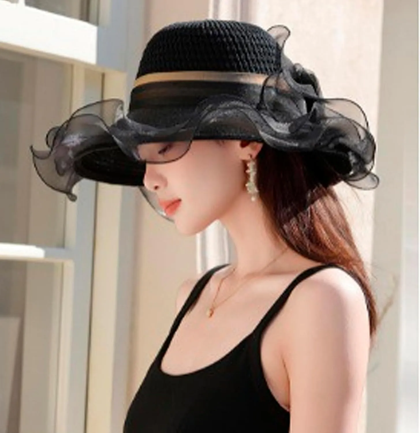 Woman Organza Derby Sun Hat Wide Brim Elegant Summer UPF50  UV Protection Beach Bucket Hats for Tea Party Wedding Church