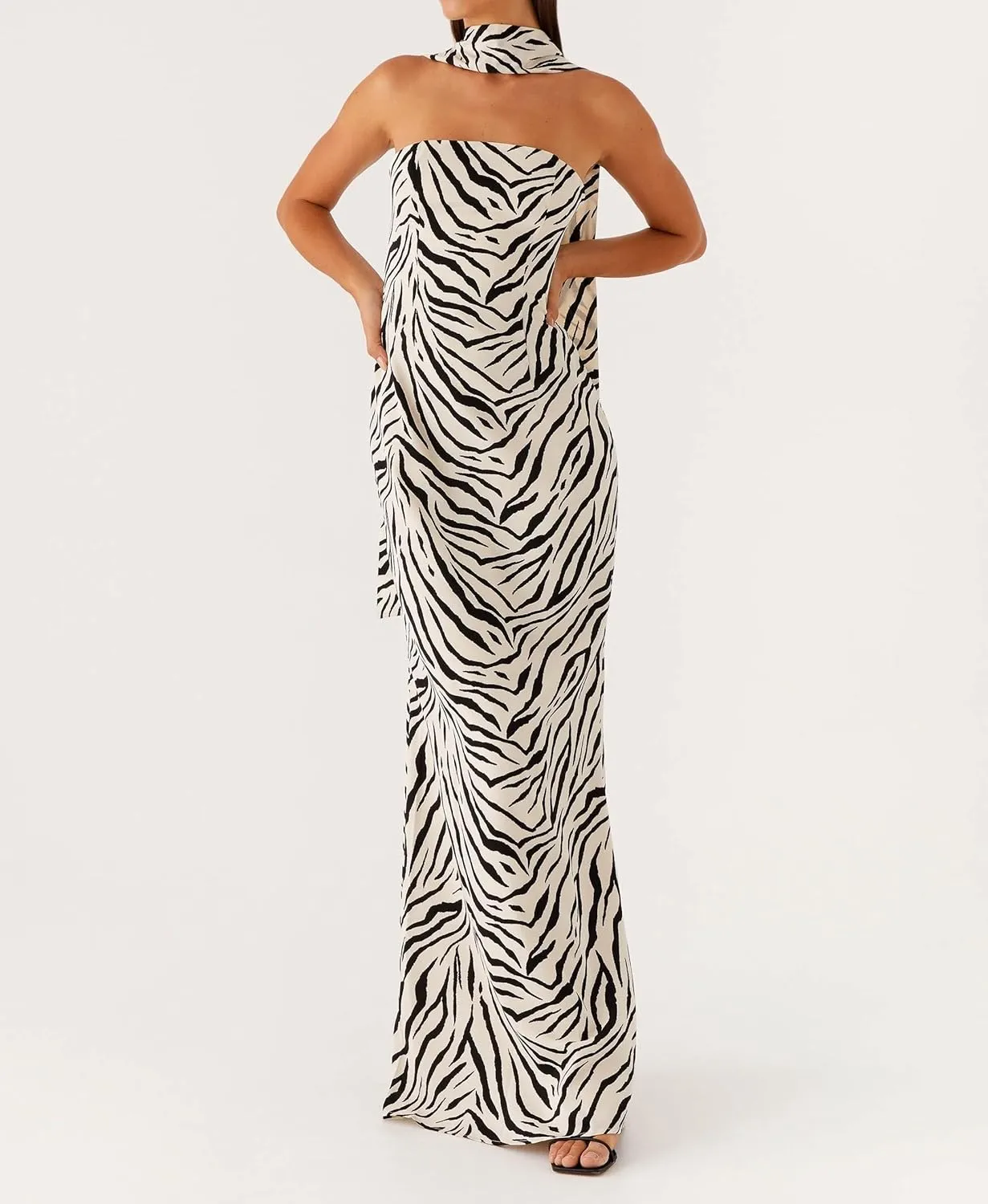 Women Floral Maxi Dress with Scarf Elegant Strapless Backless Bodycon Long Dress Y2k Tube Cocktail Sundress