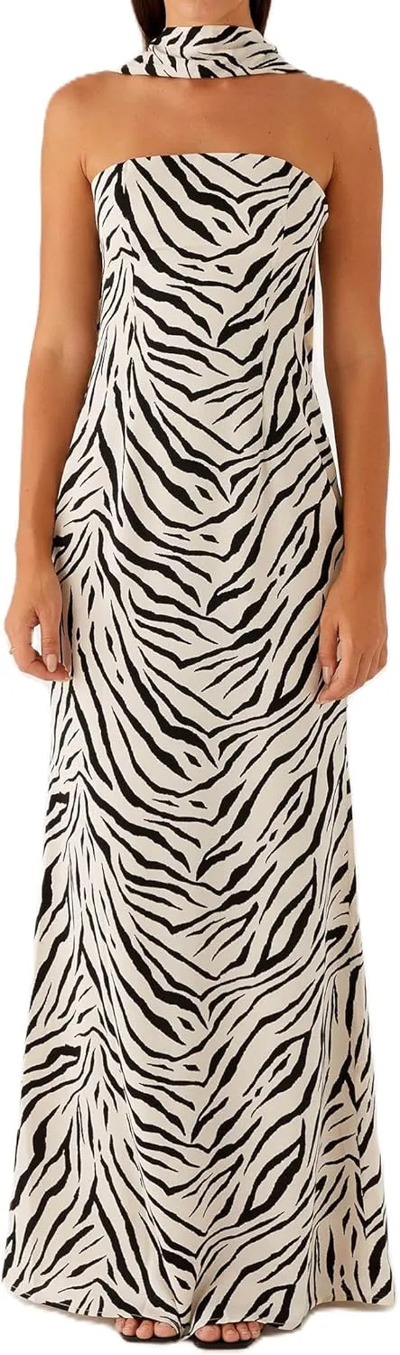Women Floral Maxi Dress with Scarf Elegant Strapless Backless Bodycon Long Dress Y2k Tube Cocktail Sundress