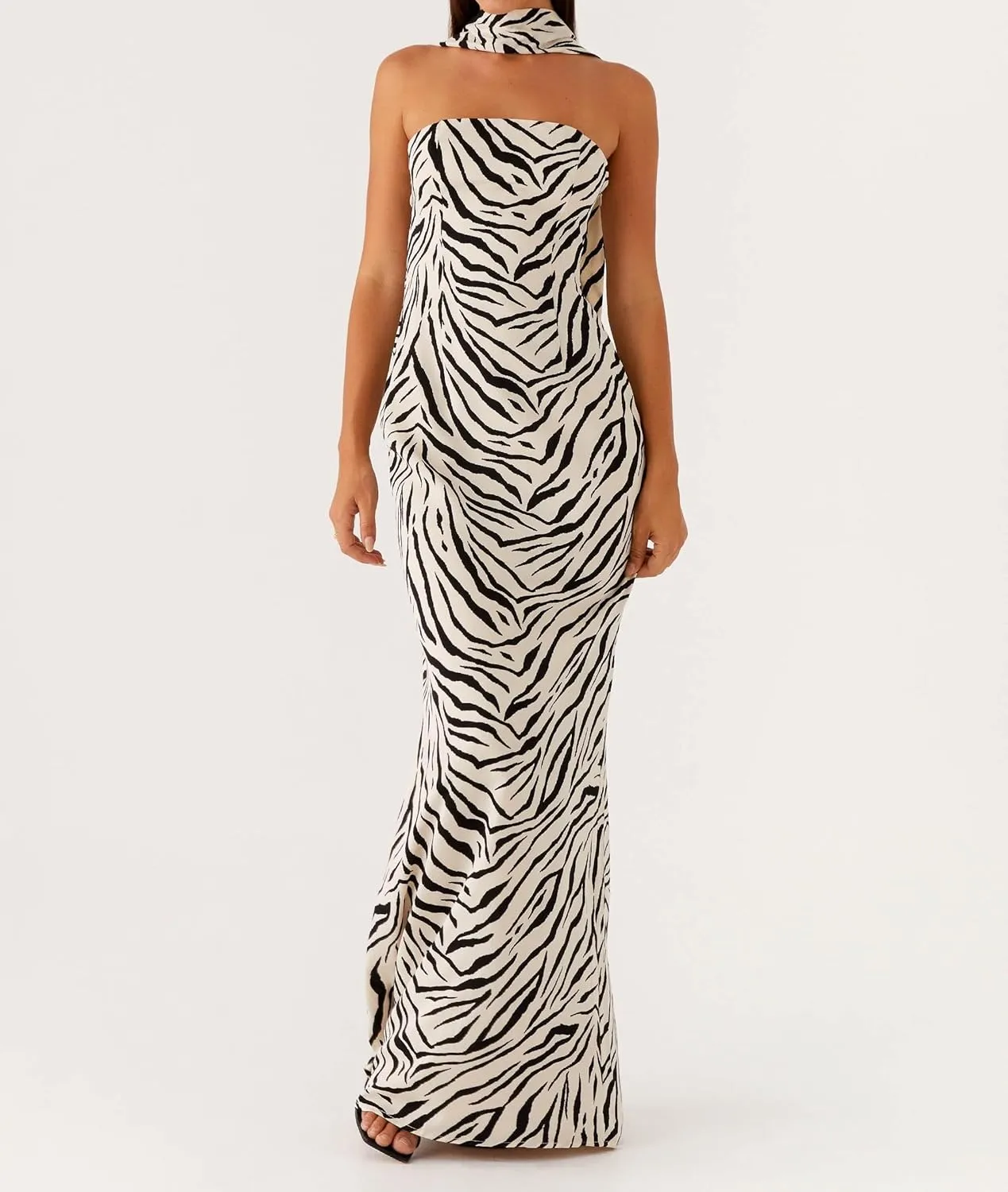 Women Floral Maxi Dress with Scarf Elegant Strapless Backless Bodycon Long Dress Y2k Tube Cocktail Sundress