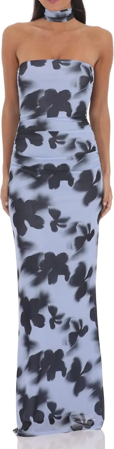 Women Floral Maxi Dress with Scarf Elegant Strapless Backless Bodycon Long Dress Y2k Tube Cocktail Sundress