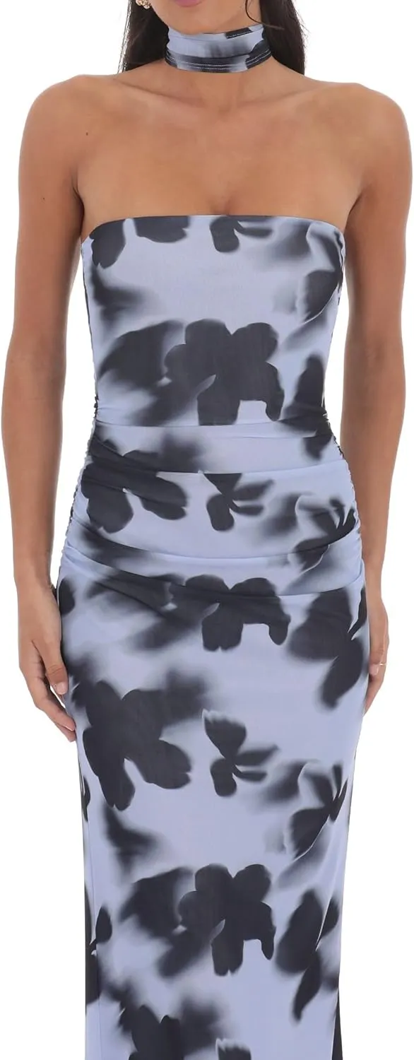 Women Floral Maxi Dress with Scarf Elegant Strapless Backless Bodycon Long Dress Y2k Tube Cocktail Sundress