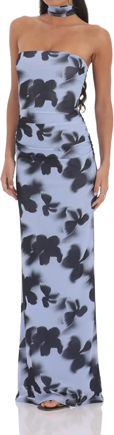 Women Floral Maxi Dress with Scarf Elegant Strapless Backless Bodycon Long Dress Y2k Tube Cocktail Sundress