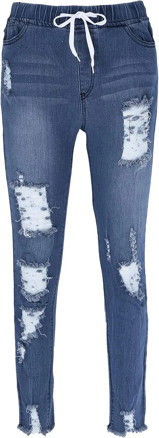 Women Junior Skinny Jeans High Waisted Holes Ripped Elastic Waist Denim Tight Pants Trousers Light Blue S